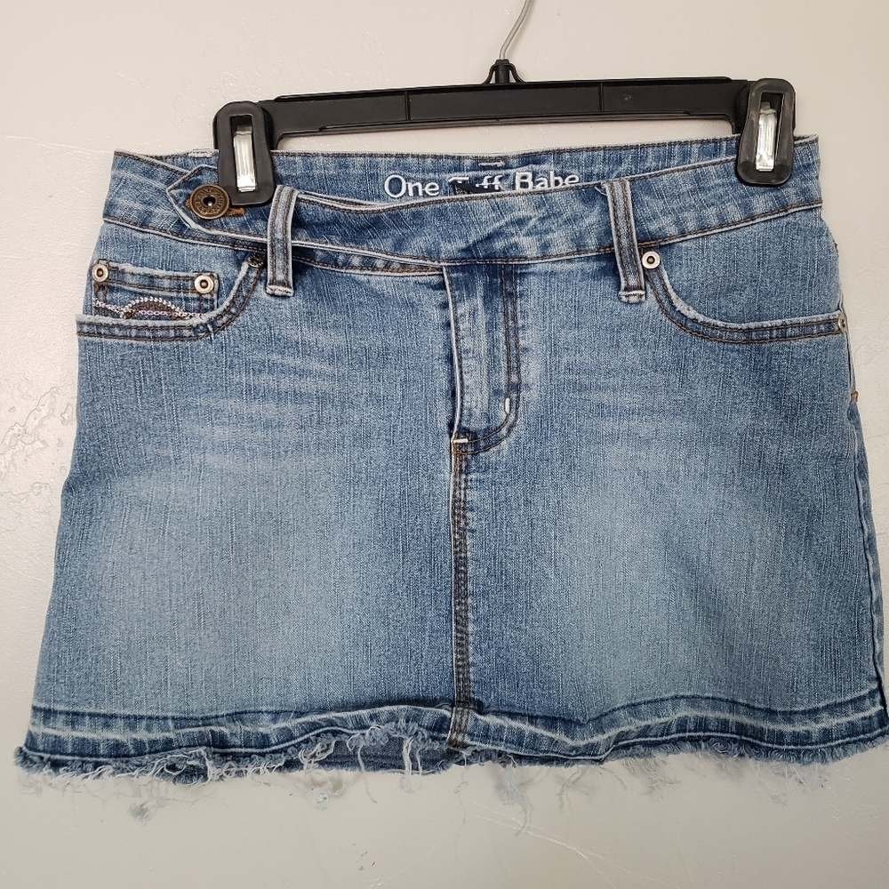 One Tuff Babe Vintage Blue Jean Denim Mini Skirt Side Button 7/8 90s Y2K Low Ris